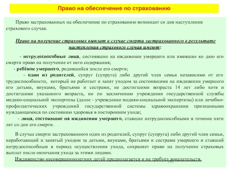 Право на компенсацию полученного. Право на получение страховых выплат. Право на обеспечение по страхованию. Право застрахованного на обеспечение по страхованию возникает:.