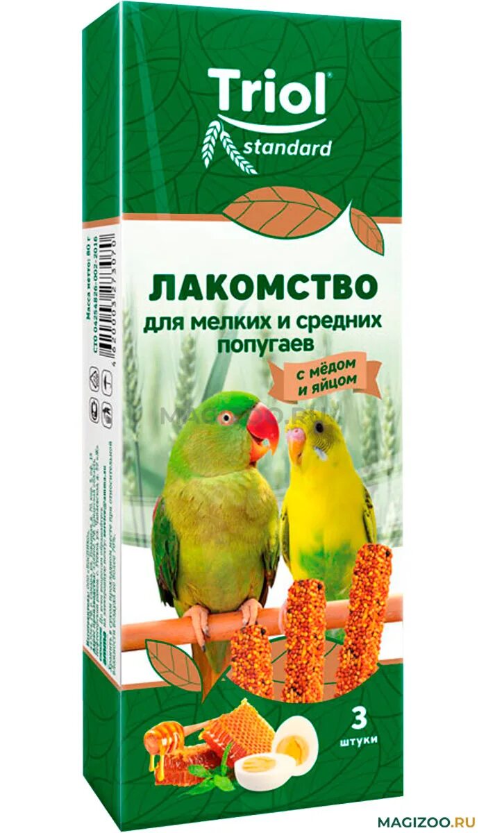 Лакомство для птиц. Лакомство для птиц Triol Standard с медом и яйцом для мелких и средних попугаев. Лакомство для попугаев Триол. Лакомство для мелких и средних попугаев Triol с медом и яйцом, 80г, Россия. Триол лакомство для попугаев мед.