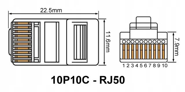 Коннектор 10p10c (RJ-48). Rj45 10p10c. Вилка сетевая RJ-50 TP-10p10c. RJ-45 10p10c коннектор чертеж с размерами.