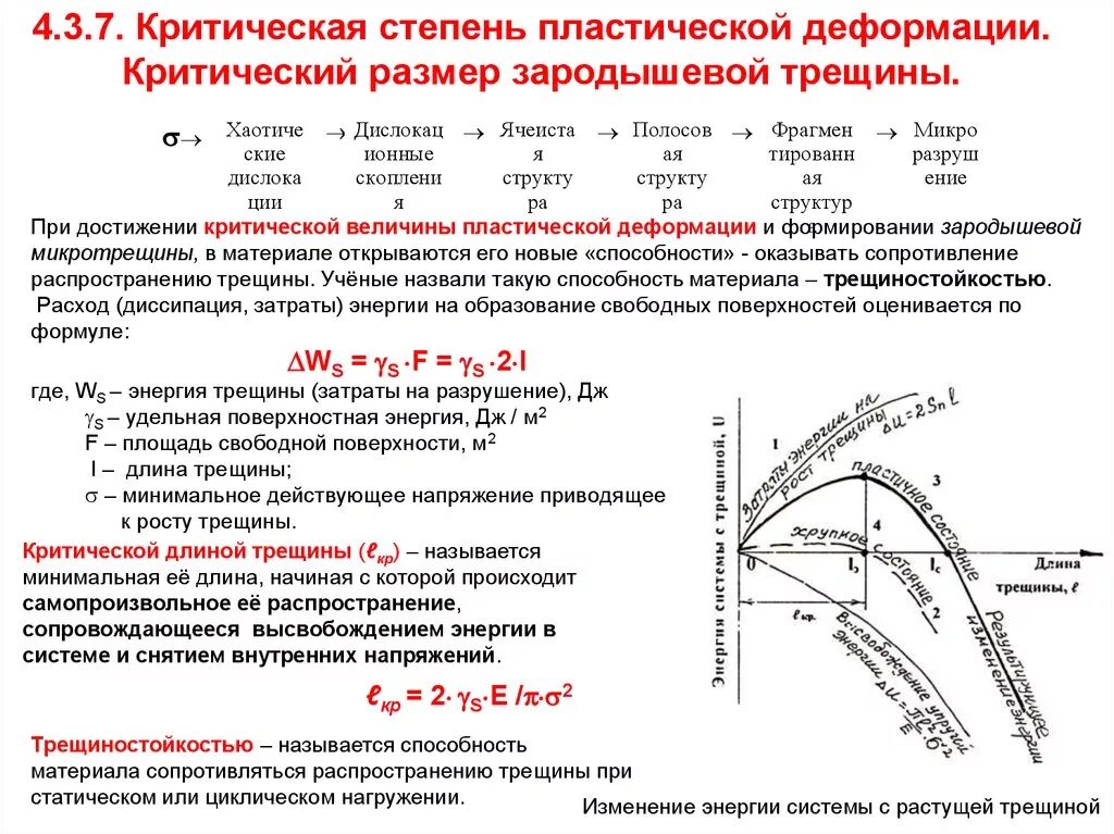 Трещина длина. Пластическая деформация металлов формула. Степень пластической деформации формула. Стадии деформации стали. Критическая степень пластической деформации металлов.