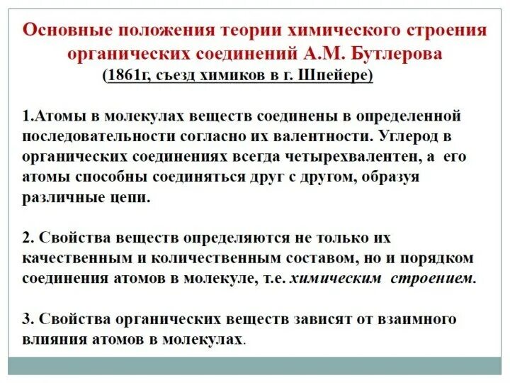 Теория химического строения соединений бутлерова. Основные положения теории Бутлерова органическая химия. Основные положения теории химического строения органических веществ. Основные положения теории Бутлерова 10 класс. Положения теории химического строения органических соединений.