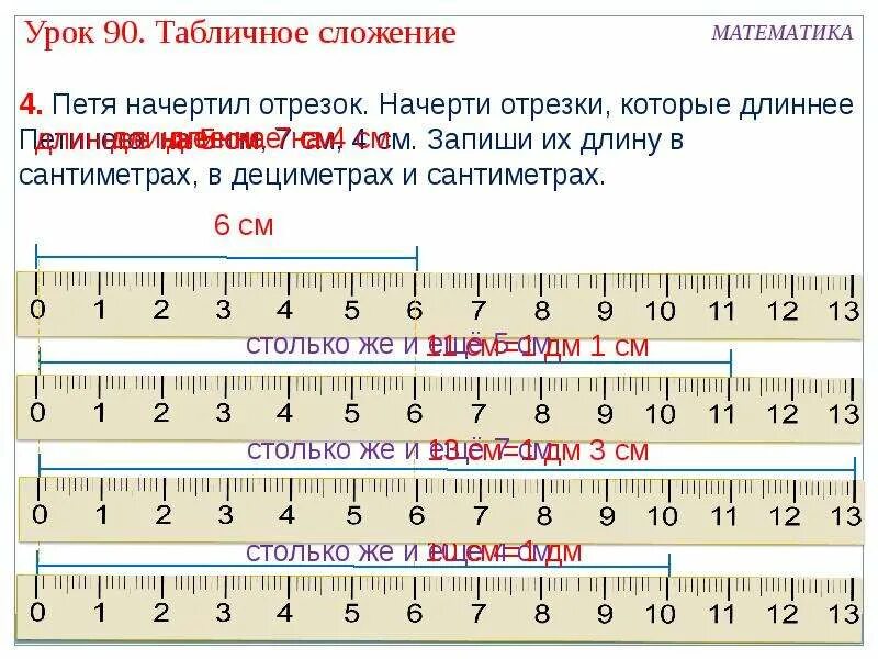 Чертить отрезки с дециметрами. Задачи отрезки с дециметрами и сантиметрами. Чертим отрезок длинной 11см. Как начертить дециметр.