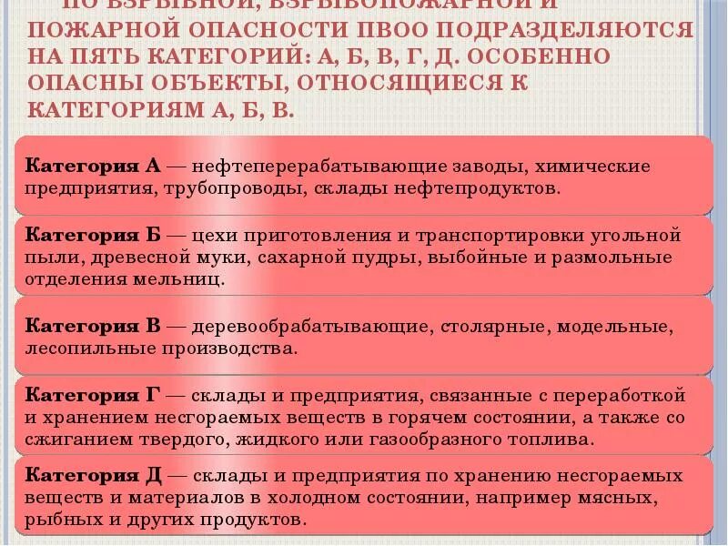 Категории пожаро и взрывоопасных объектов. Категории производства. Категории пожаро и взрывоопасных объектов. Классификация помещений по взрывоопасной и пожарной опасности. Нормы категории помещений по взрывопожарной и пожарной опасности.