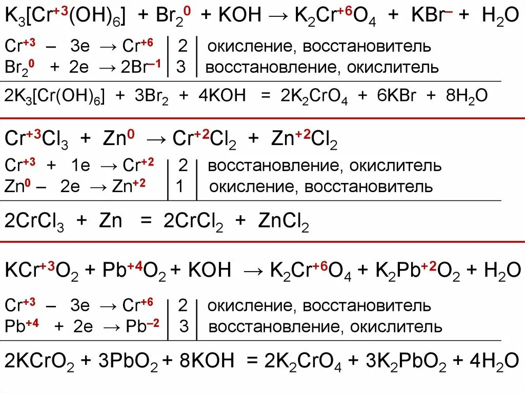 Бром в степени окисления 1. K CR Oh 6 +br+Koh. K[CR(Oh)4] + br2. CR+3 CR+6 ОВР. K3 CR Oh 6 br2 Koh.