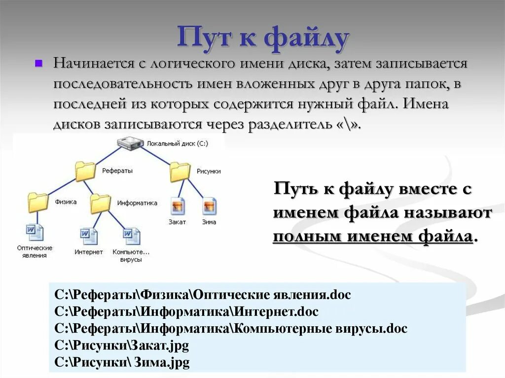 Почему файл называется файлом. Полное имя файла информатика 7 класс. файловая система информатика 7 класс. файловая система в информатике имя файла. файловые структуры 7 класс информатика.