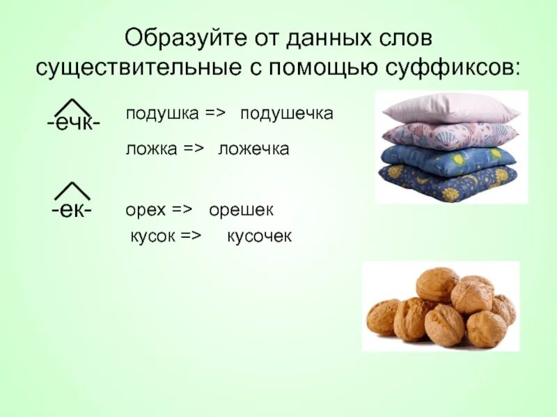 Помощью суффикса образуйте однокоренные слова. Подушечка суффикс. орехи суффикс. суффикс подушка подушка. образовать с помощью суффиксов слово подушка.