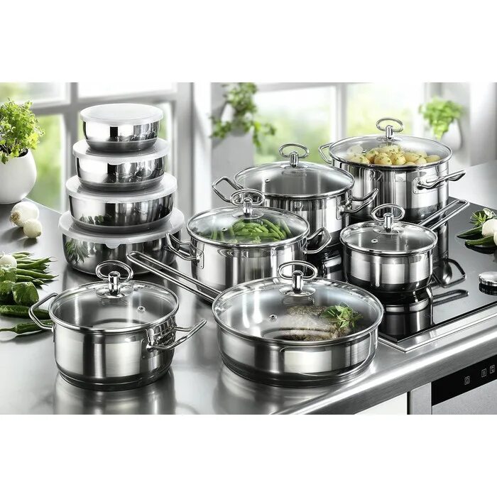 Посуда ое. Набор кастрюль-Hoff Mayer HF-20057. Stainless Steel набор кастрюль. Набор посуды Fissler Riva 211605 9 пр.. Посуда inoxia Milano 1969.