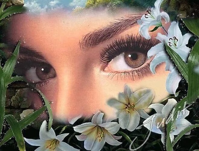 Напиши какого цвета глаза у твоих близких. Живые женские глаза. Добрые глаза женщины. Цветы с глазами. Глаза девушки в цветах.