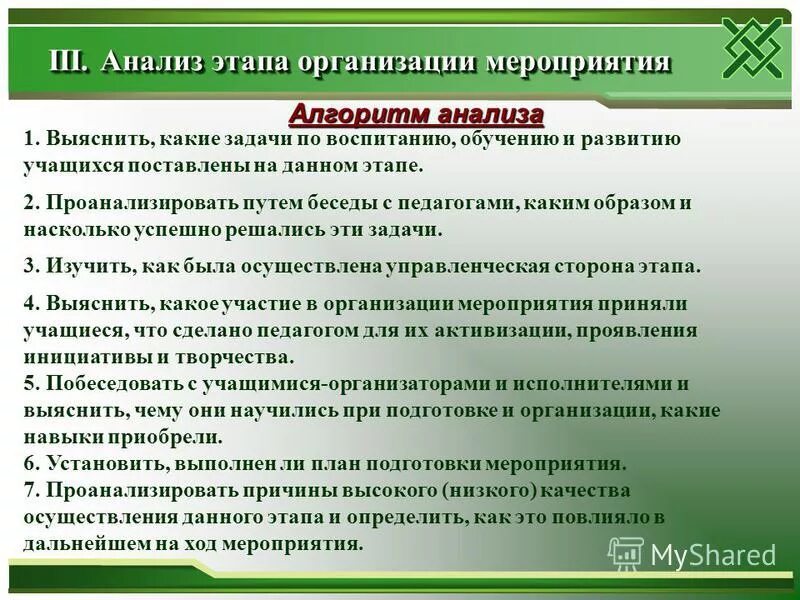 Анализ посвященных мероприятий