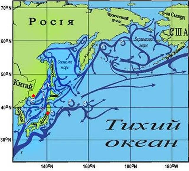 Морские течения действующие в тихом океане. Течение Куросио течение на карте. Схема течений Берингова моря. Карта течений Охотского моря. Схема течений Охотского моря.