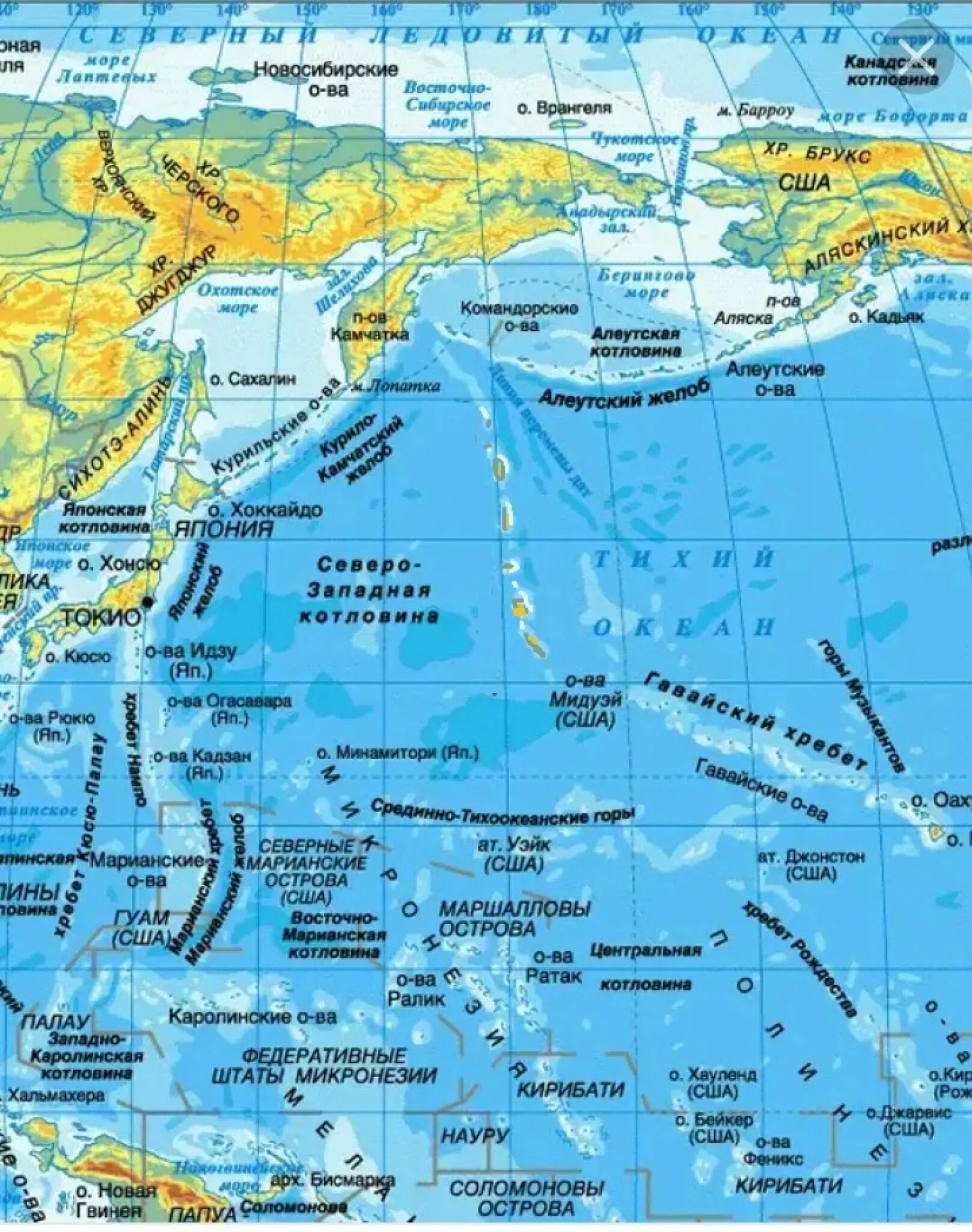 Северная часть Тихого океана на карте. Моря заливы проливы острова полуострова на карте. Тихий океан на физической карте России. Крупнейшие острова архипелаги тихого океана