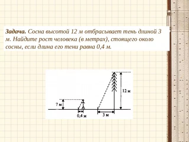 На рисунке 10 показано изменение высоты. Найти рост человека по его тени. Сосна высотой 2 метра отбрасывает тень длиной 3 метра. Тень человека равна 3м рост человека полтора. Найти длину тени человека.