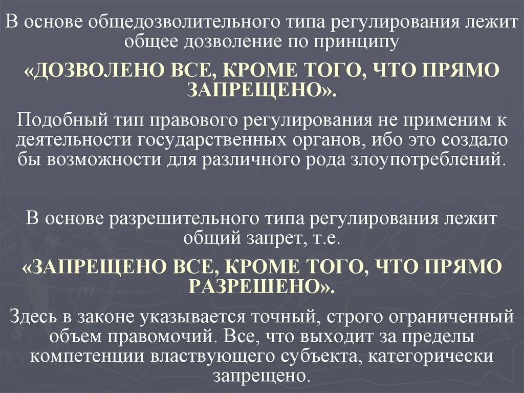 Запрет установления общеобязательной. Общедозволительный и разрешительный типы правового регулирования. Общедозволительный принцип правового регулирования. Общедозволительный Тип правового регулирования. Тип правового регулирования общее дозволение.