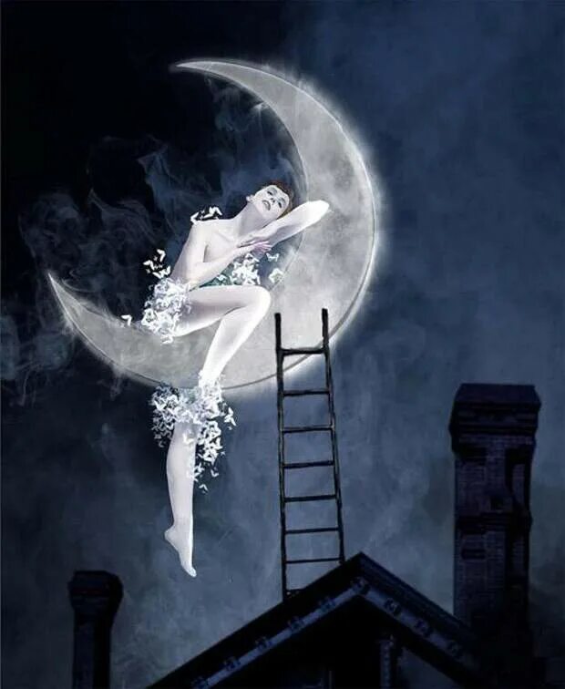 Месяц женщины. Танцы на Луне. Девушка сидит на месяце. Спокойной ночи сюрреализм. Балерина ночью.