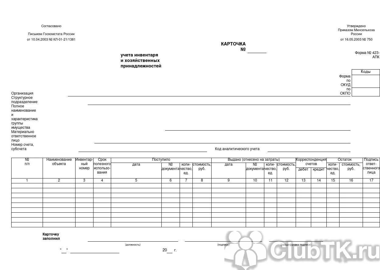 Карточка учета инвентаря и хозяйственных принадлежностей. Карточка учета инвентаря форма. Карточка учета выдачи инвентаря. Форма учета выдачи инвентаря и хозяйственных принадлежностей. Https clubtk ru forms