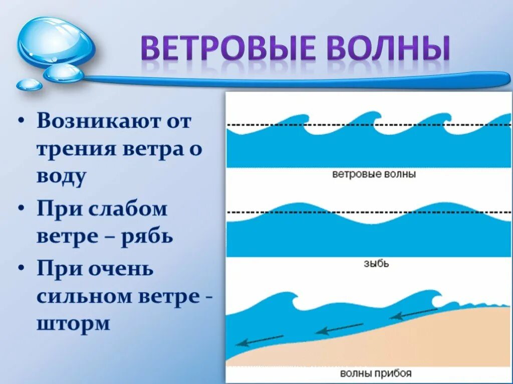 Вода в волне движется. Ветровые волны. Схема ветровых волн. Волны для презентации. Возникновение ветровых волн.