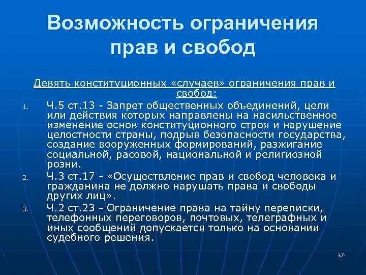 Конституционные ограничения прав и свобод человека и гражданина. Конституционное ограничения прав и свобод граждан. Правовая основа ограничений прав человека. Ограничение прав и свобод человека и гражданина в Конституции РФ.