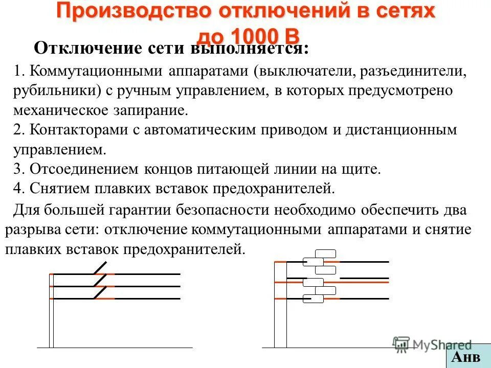 При работе с коммутационными аппаратами. Отключение коммутационных аппаратов с ручным приводом. Питающей конец линии. Правило тех безопасности при работе с коммутационными аппаратами.