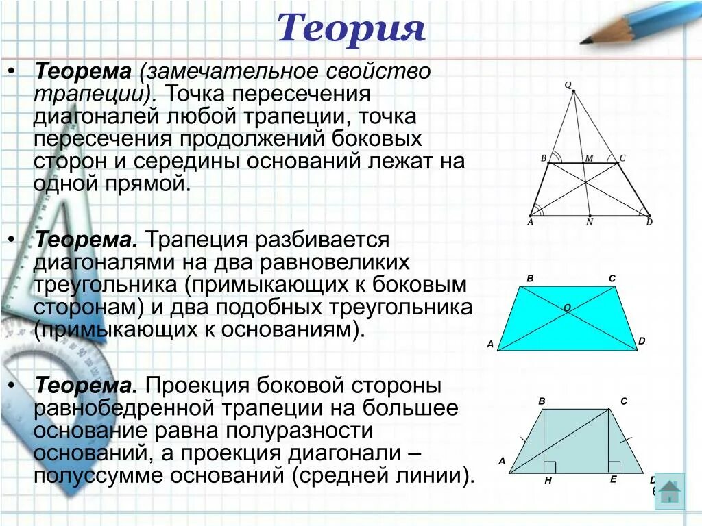 Диагональ трап. Диагонали в трапеции свойства точка пересечения диагоналей. Пересечение диагоналей в трапеции свойства. Теорема о диагоналях трапеции. Товка пересечений диагонади трапеции.