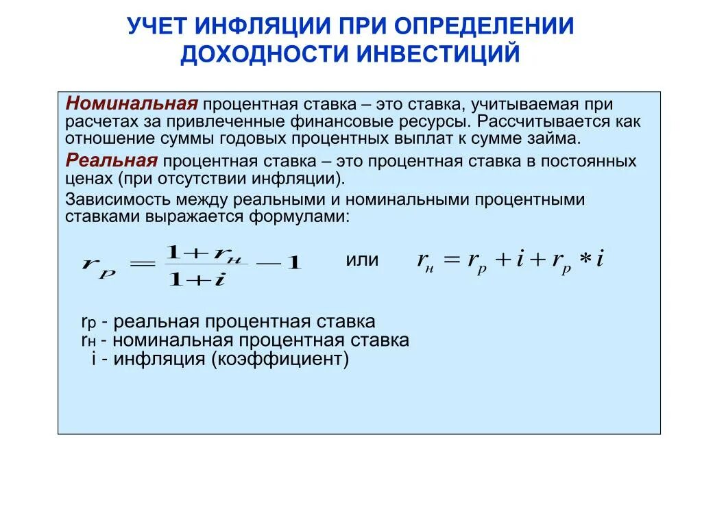 Определите реальную годовую ставку процента. Реальная доходность инвестиций формула. Учетная процентная ставка при инфляции. Учет инфляции при определении доходности инвестиций. Доходность инвестора.