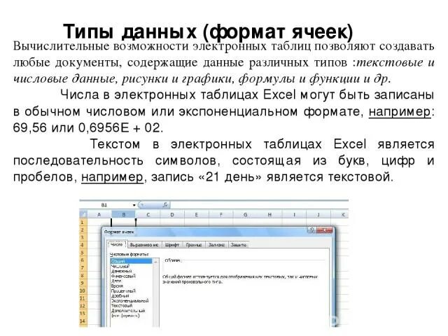 Ней также содержатся данные. Формат ячеек Тип данных. Типы данных в электронной таблице excel. Форматы данных в ячейках электронной таблицы. Формат ячейки в электронной таблице это.