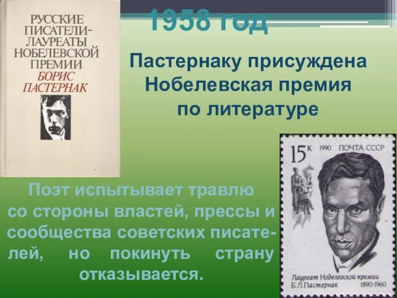 Кому из писателей присуждена нобелевская. Б Л Пастернак. Б. Л. Пастернак (1958).