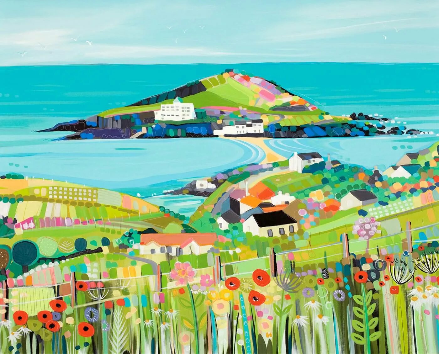 Творческий остров. Цветочный остров иллюстрация. Seaside рисунок. Фотообои примитивизм.