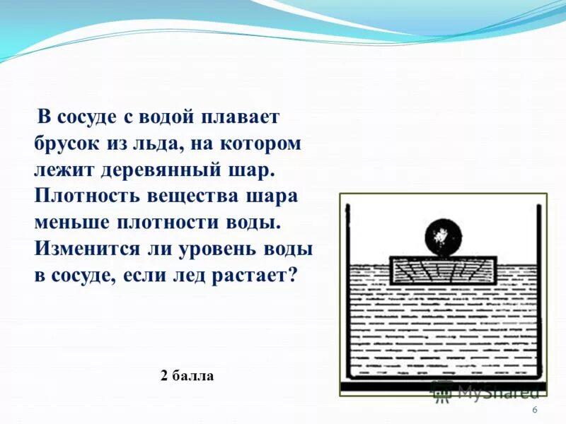 Как изменится уровень жидкости когда лед растает. Уровень воды в стакане. Задача про сосуды с водой. Как изменится уровень воды когда лёд растает. Деревянный шар плавает на воде назовите силы действующие на шар.