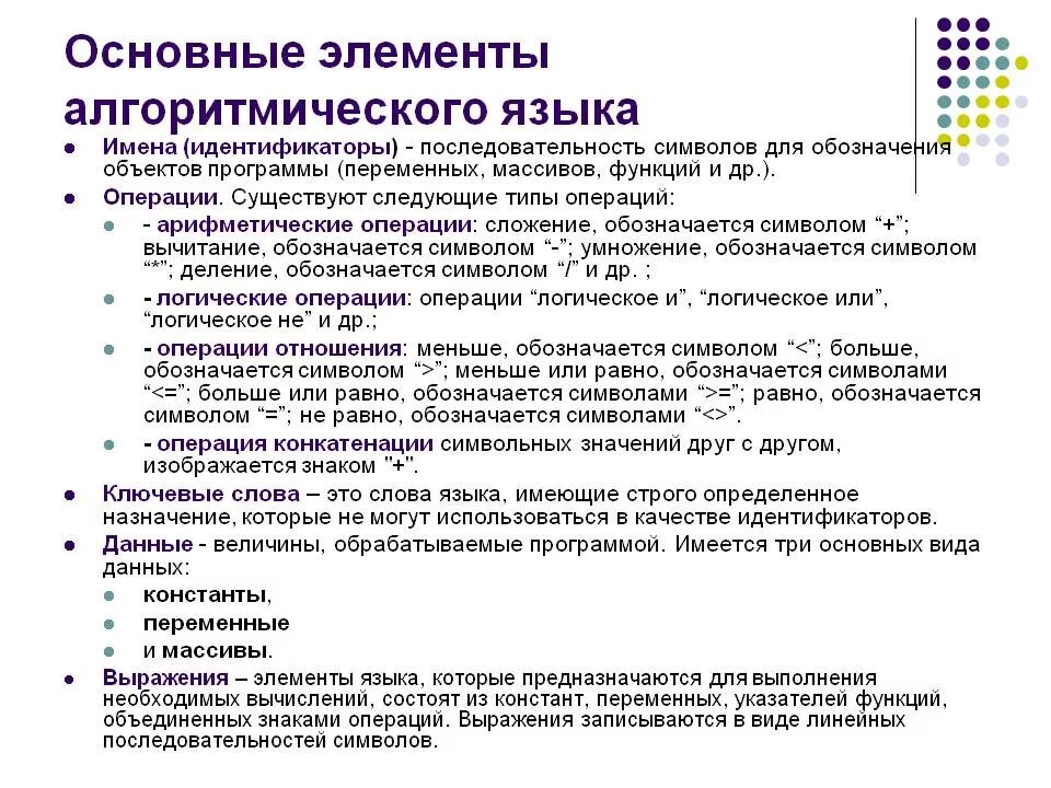 Операции алгоритмического языка. Основные компоненты алгоритмического языка. Основные понятия алгоритмических языков. Общий вид алгоритмического языка. Основные понятия алгоритмического языка.