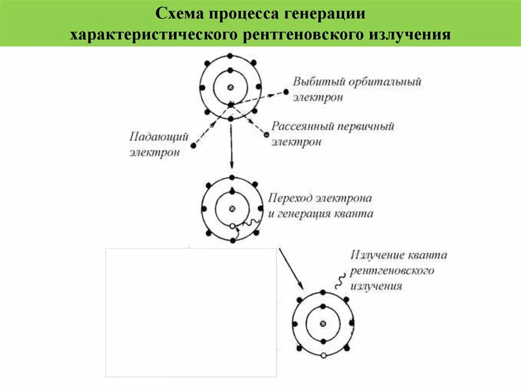 Схема формирования рентгеновского излучения с электронами. Генерации характеристического рентгеновского излучения. Характеристическое рентгеновское излучение. Механизм формирования рентгеновского характеристического излучения.