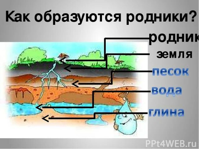 Откуда вода в родниках. Строение родника. Родник схема. Схема образования родника. Как образуется Родник.