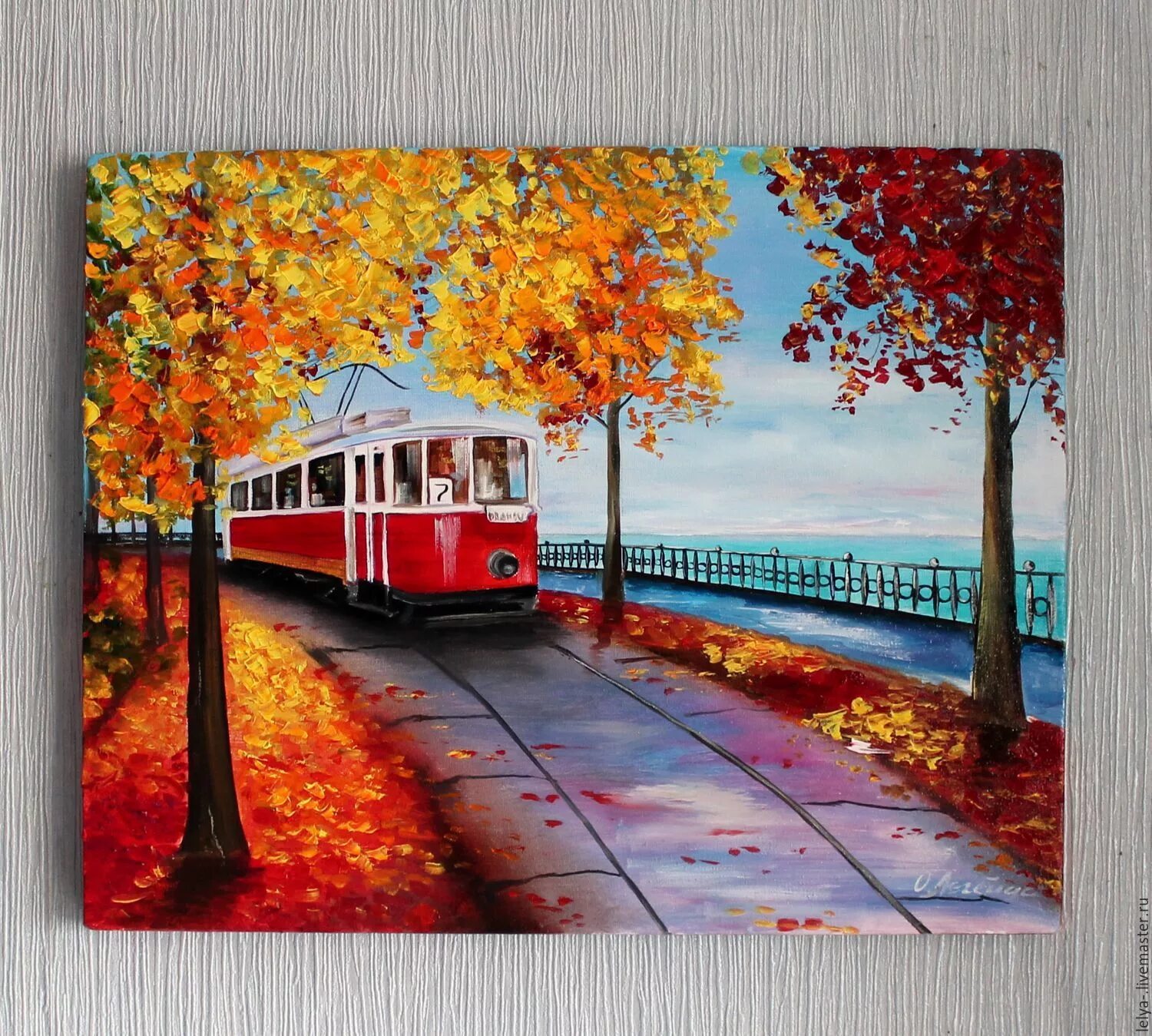 Осень остановись. Трамвай картина. Осенний трамвай иллюстрация. Алмазная мозаика трамвай. Трамвай красный осень.