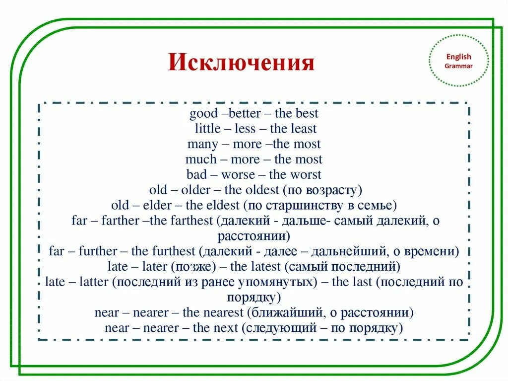 Сравнительная степень near. Сравнительная степень little в английском языке. Исключения в английском. Сравнительные конструкции в английском языке little. Степени сравнениярилагательных в английском языке.