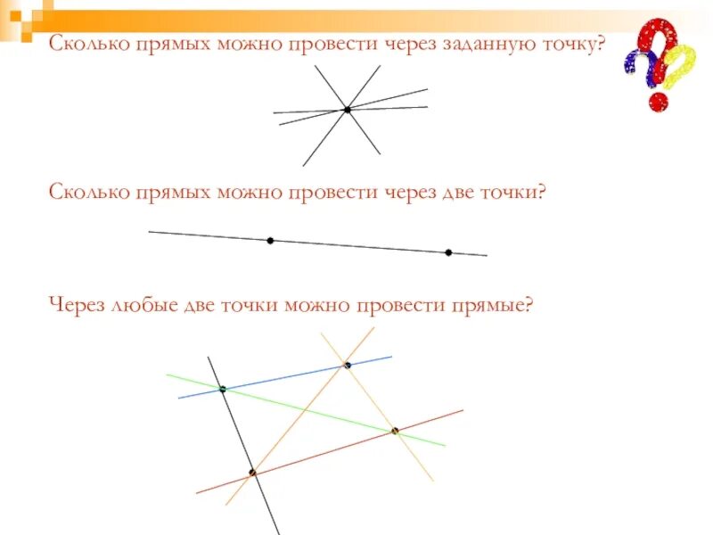 Через какие точки нужно провести прямую. Сколько прямых можно провести через дае очки. Сколько прямых можно провести через 2 точки. Сколько прямых можно провести через заданную точку. Сколько прямых моэео провксти черкз ДВК точки.