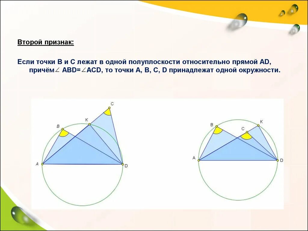 4 точки принадлежат одной окружности. Точки расположены в одной полуплоскости относительно прямой. Точки лежат в одной полуплоскости. Точки леать на ожноц окр. Способ вспомогательных окружностей.