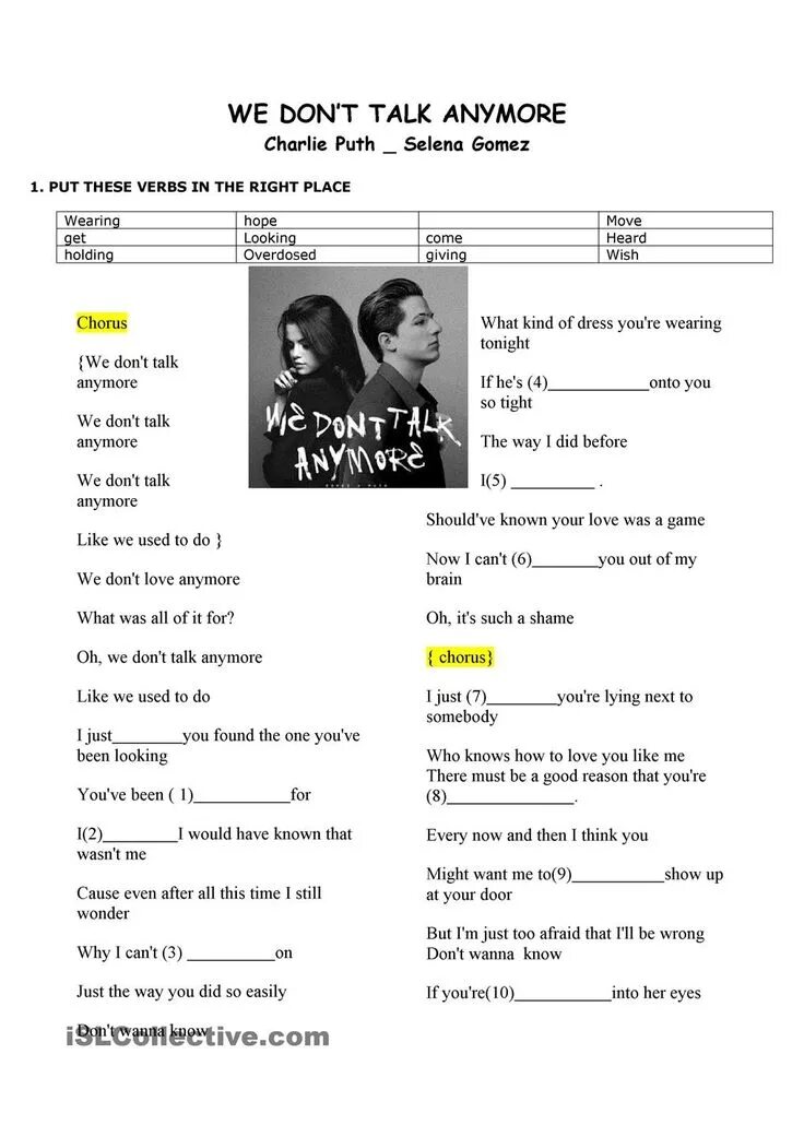 We don't talk anymore текст. Song Worksheets. Song in English for teenagers. Anymore перевод на русский