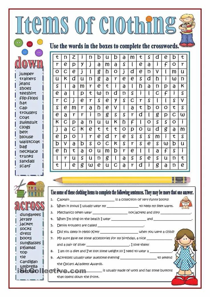 Clothes Wordsearch. Clothes and Fashion Wordsearch. Clothes English Worksheets. Clothes Wordsearch for Kids.