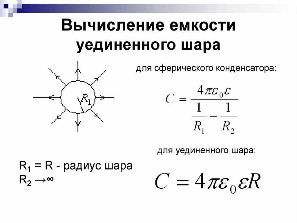 Емкость заряженного шара. Емкость шара формула. Формула ёмкости уединённого шара. Электрическая емкость уединенного конденсатора. Электроемкость сферического конденсатора формула.