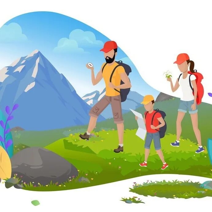 Безопасность на горе. Дети в походе. Векторные иллюстрации туризма. Горы мультяшные для детей. Векторный дети идут в гору.