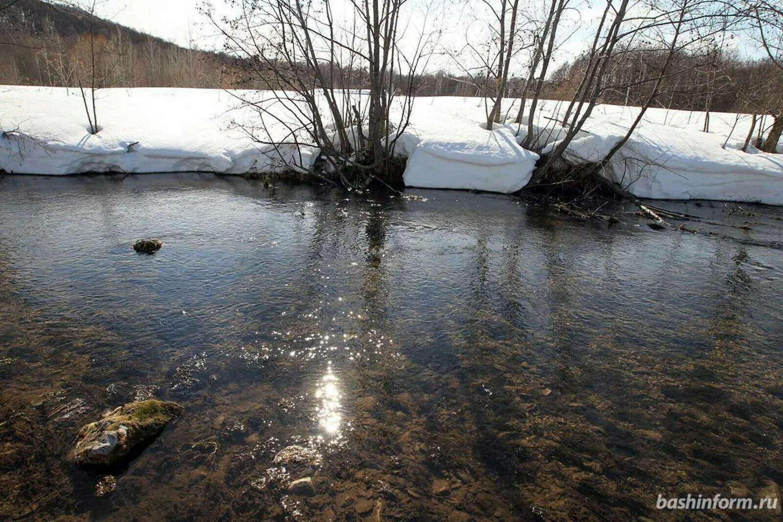Апрель в Башкирии. Река Уфа весной. Тает снег.