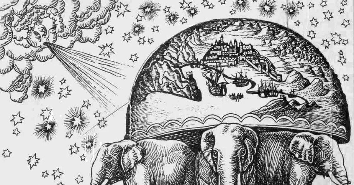 Земля стоит на черепахе и слонах. Земля на трех слонах. представление о космосе в древности. земля на слонах гравюра. представления о мире древних три слона.