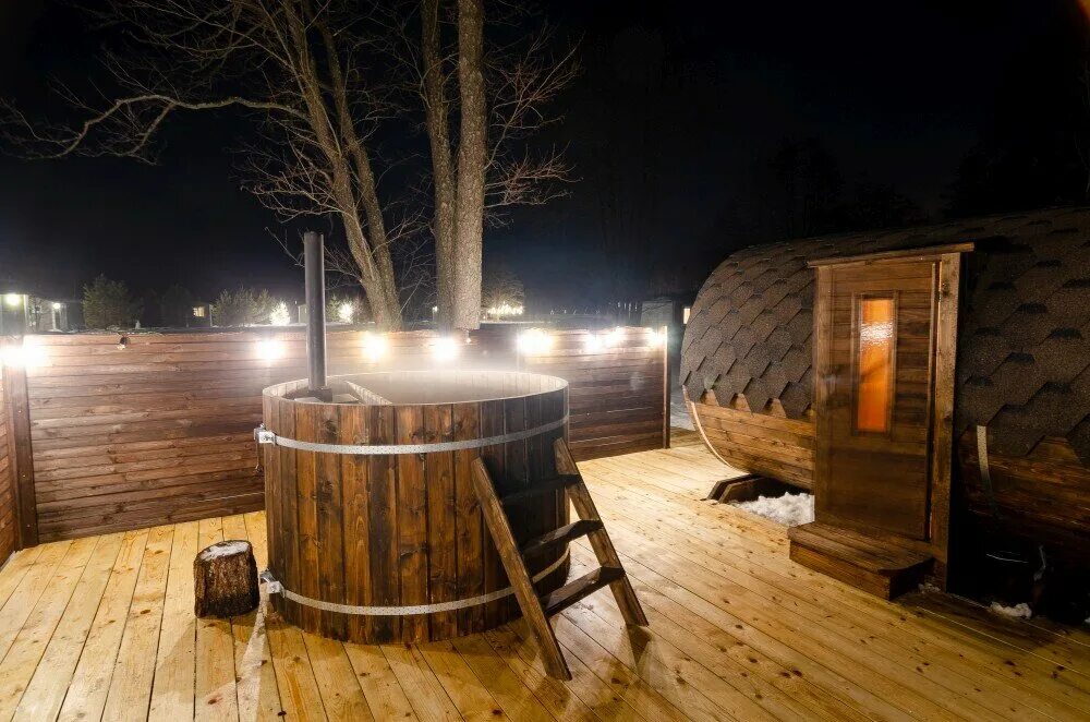 Outdoor sauna building design, outdoor sauna production. Combined sauna house wi