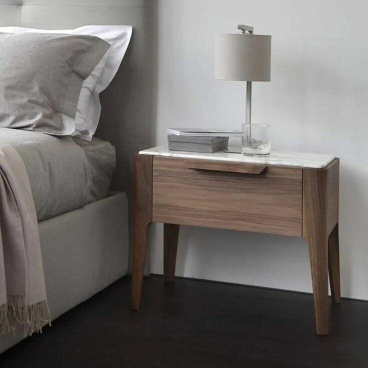 On the bedside table. On the bedside table