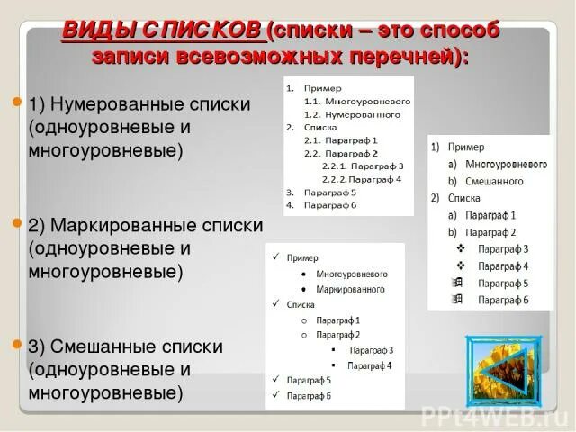 Какой вид списка представлен на рисунке. Виды списков. Какие существуют типы списков?. Списки виды списков. Списки маркированные нумерованные многоуровневые.