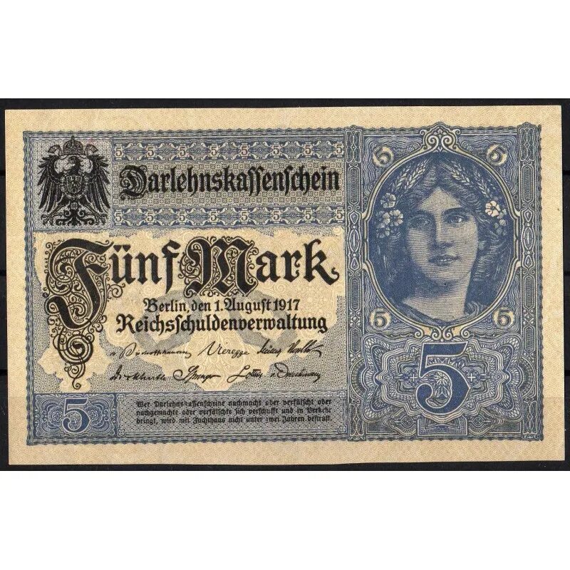 Немецкие 5 в рубли. Ассигнации германской империи. Германия 5 марок 1917. Банкноты германской империи. 5 Марок банкнота.