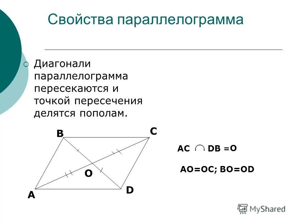Диагонали параллелограмма точкой их пересечения делятся пополам. Теорема о свойстве диагоналей параллелограмма. Диагонали параллелограмма точкой пересечения делятся. Свойство диагоналей параллелограмма доказательство. Теорема о диагоналях параллелограмма.