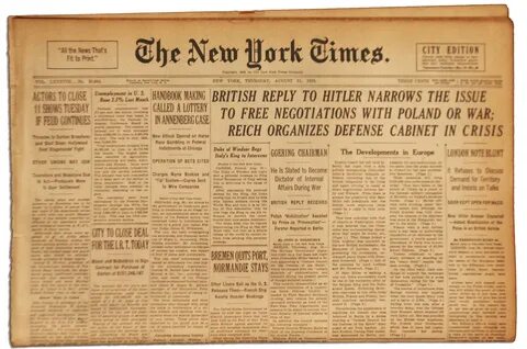 The New York Times'' 31 August 1939 Newspaper -- The Day Before W...