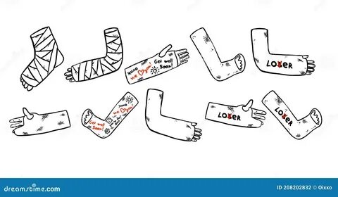 Set Of Broken Legs, Arms And Hands Cast Doodles With Funny Writings From Fr...