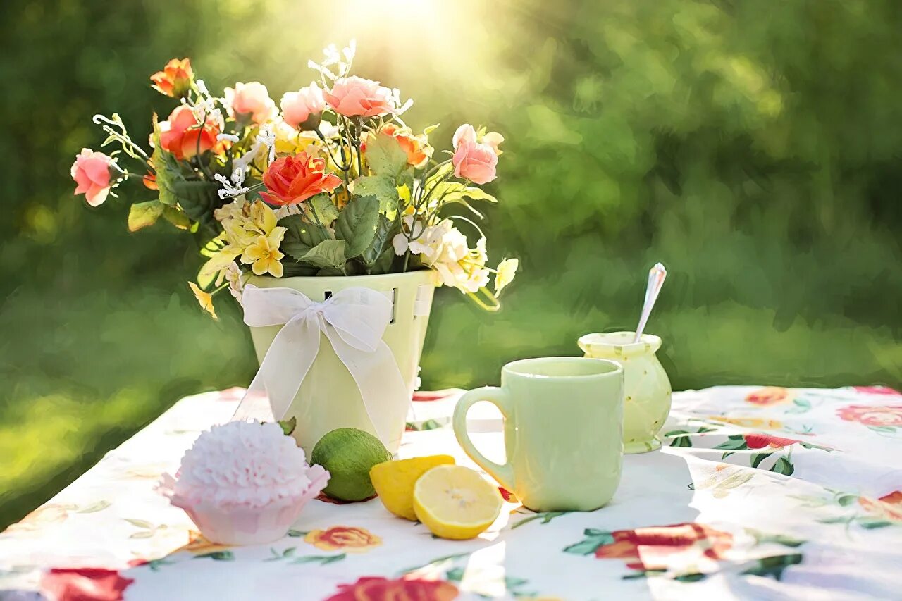 Утро лето. Летние цветы. Чаепитие на природе. Весеннее чаепитие. Рабочий стол настроение