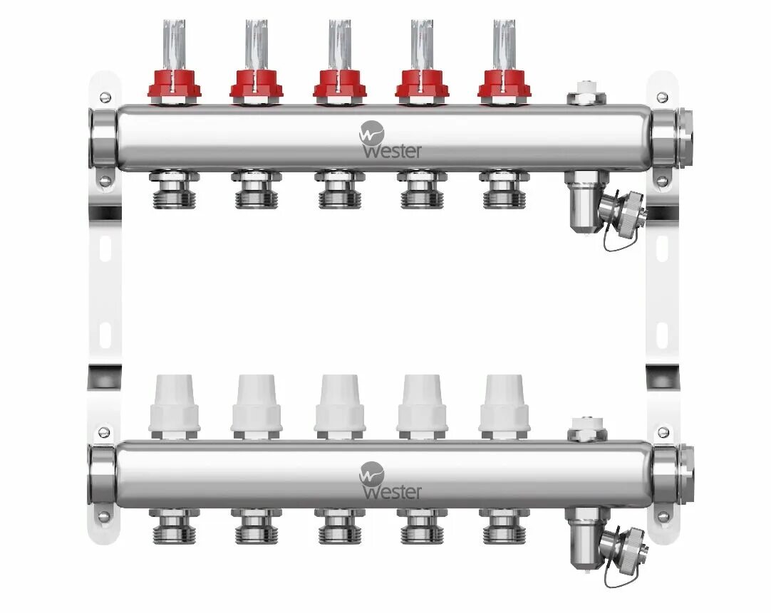 Коллектор описание. Коллекторная группа STI см5f в сборе с расходомерами (5 вых.). Коллекторная группа STI см7f в сборе с расходомерами (7 вых.). Коллектор распределительный Wester, до 3 контуров с кронштейном. Коллектор распределительный Wester, до 5 контуров с кронштейном.
